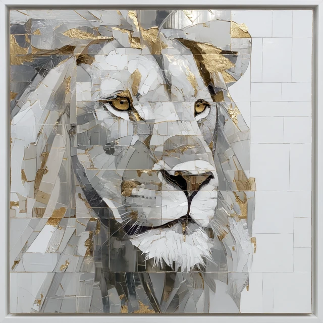 Abstract Lion Geometric Silver and Gold Foil Art