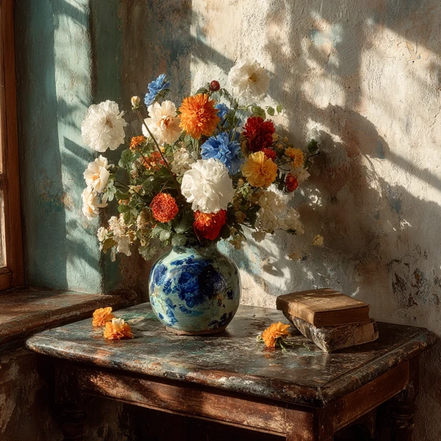 Floral Bouquet on a Table Painting in Orange and Blue