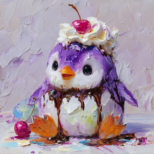Cute Purple Penguin Dessert Painting by Konstantin Razumov