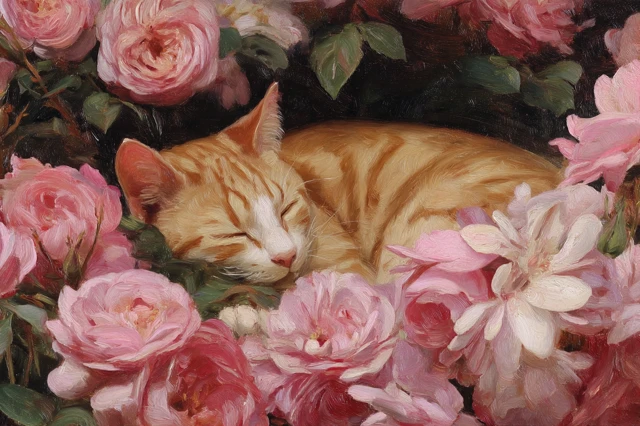 Sleeping Cat in Roses Cottagecore Painting