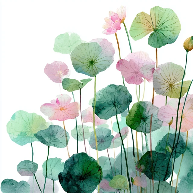 Watercolor Water Plants Light Green Pink