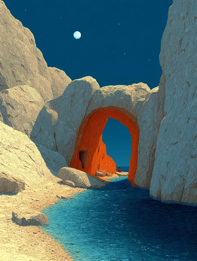 Cave Illustration with Moon and Water Art by Arsenault