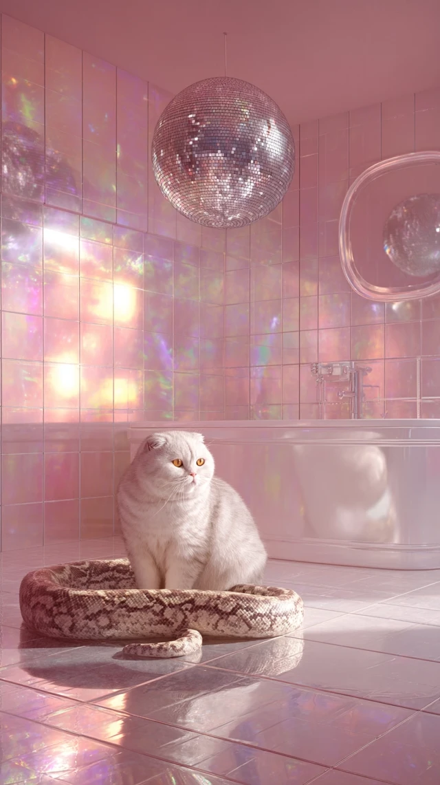 Scottish Fold Cat in Pastel Bathroom with Disco Ball