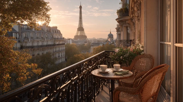 Paris Balcony View Eiffel Tower Sunrise Coffee