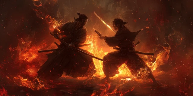 Samurai Fight In Hell Fire Digital Art