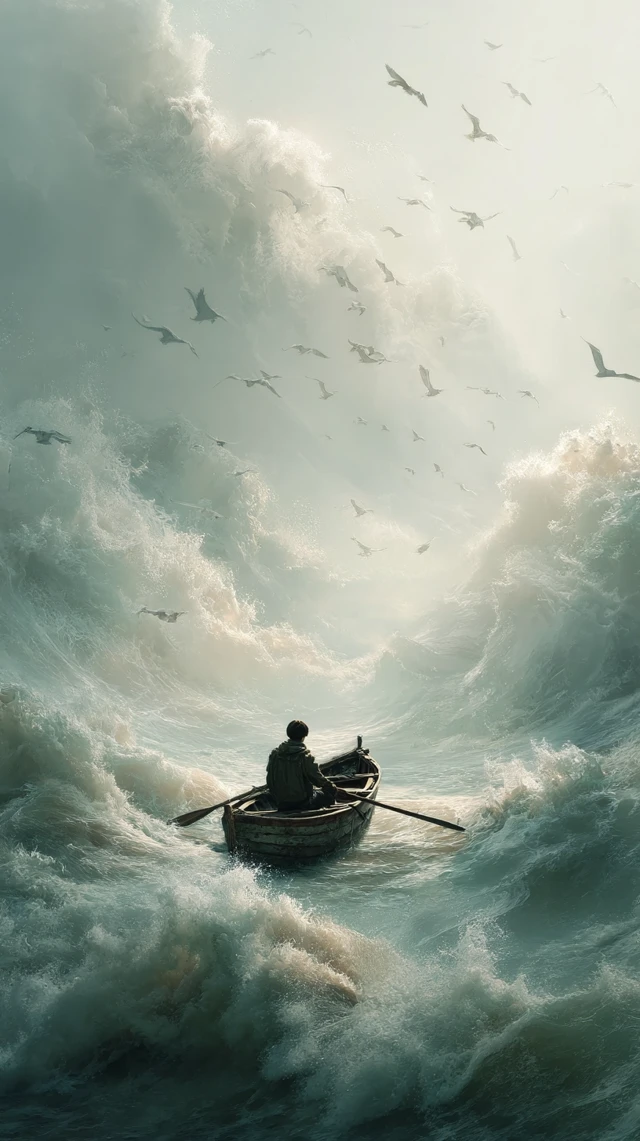 Man Rowing Boat Through Stormy Seas Artwork