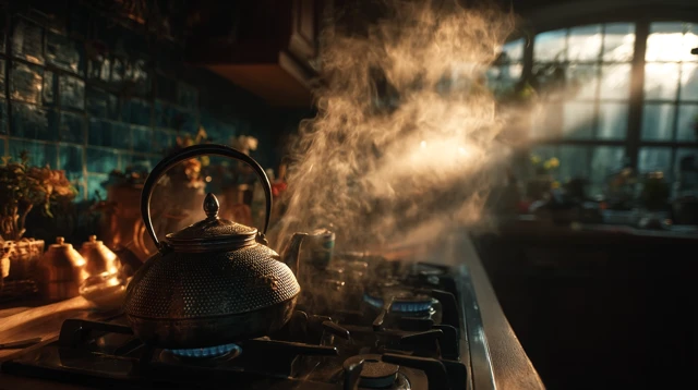 Steaming Kettle on Gas Stove Kitchen Memories UHD 8K