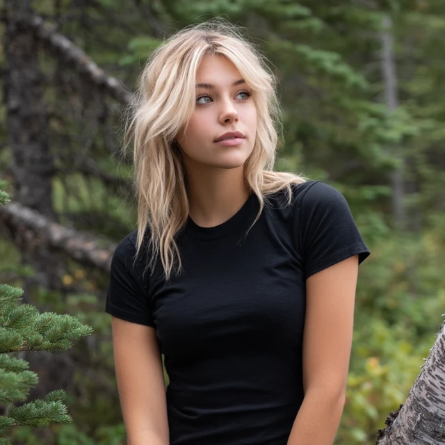 Blonde Girl in Black T-shirt in Montana Forest