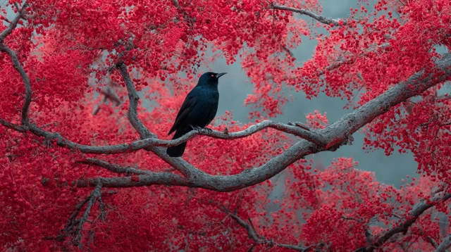 Black Bird in Red Tree Nature Photography