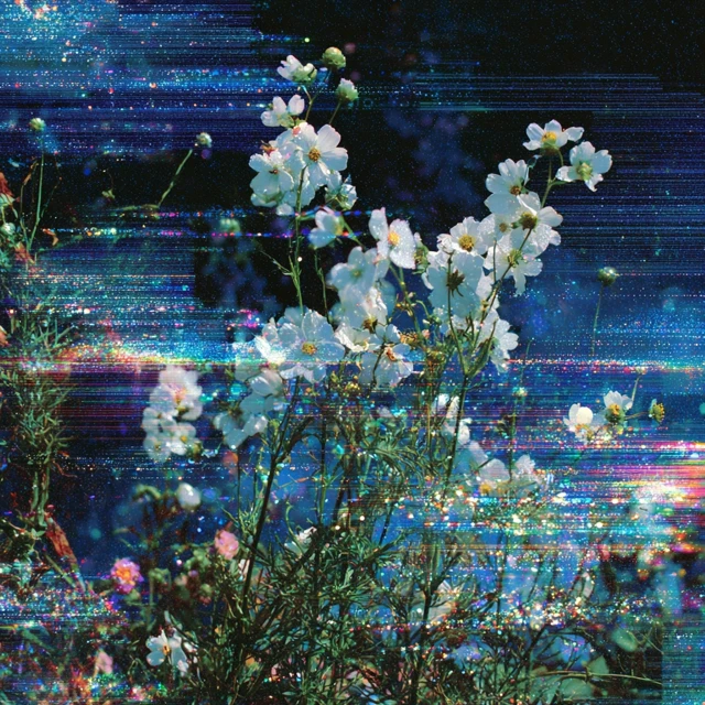 Glitch Art White Flowers Retro Design