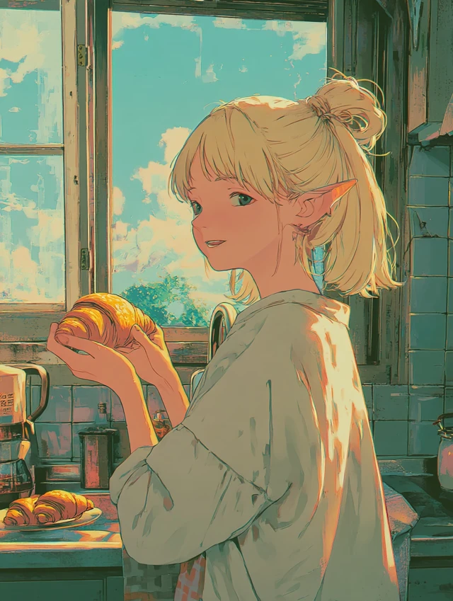Anime Elf Girl with Croissant in Sunny Kitchen