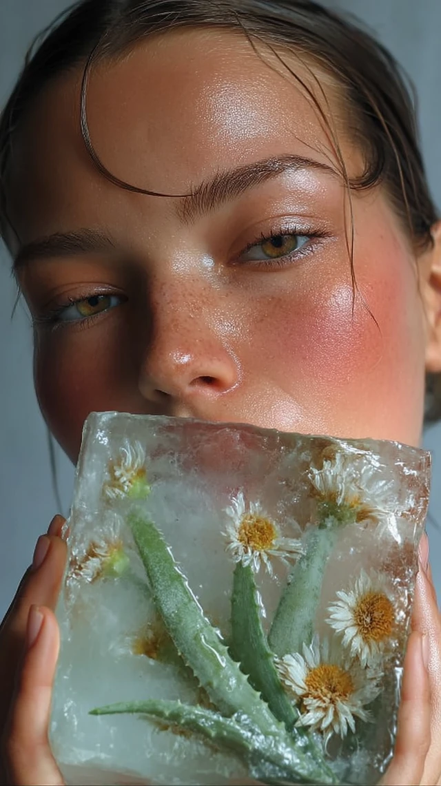 Woman with Aloe Vera Ice Cube Realistic Photo