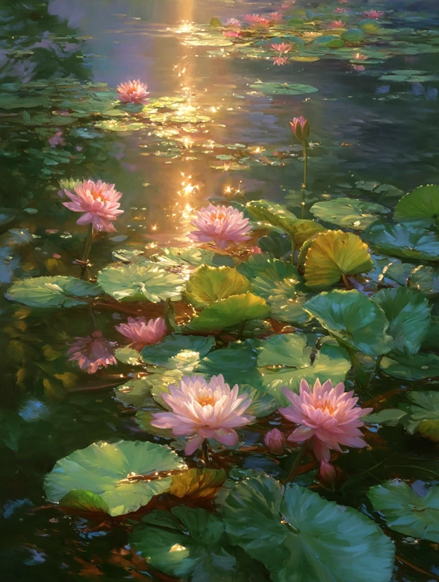 Lotus Pond Painting Golden Hour Impressionistic Art