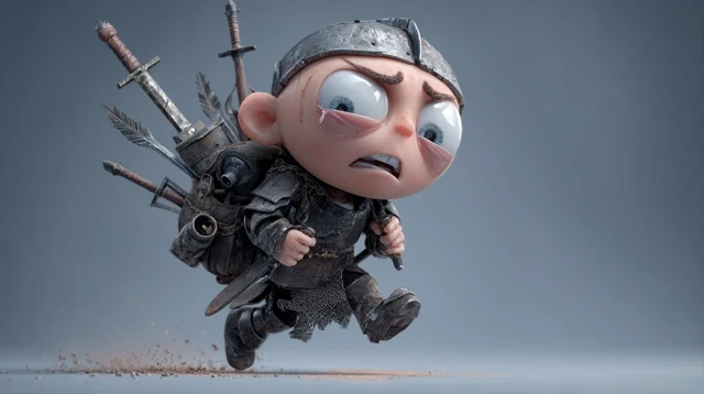 3D Chibi Warrior Running Anxious Character Illustration