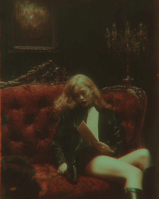 Luxury Photography Blonde Model Red Velvet Black Leather