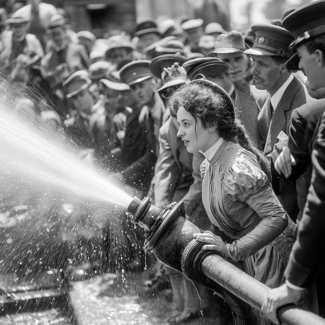 Vintage Fire Brigade Spraying Crowd Photo