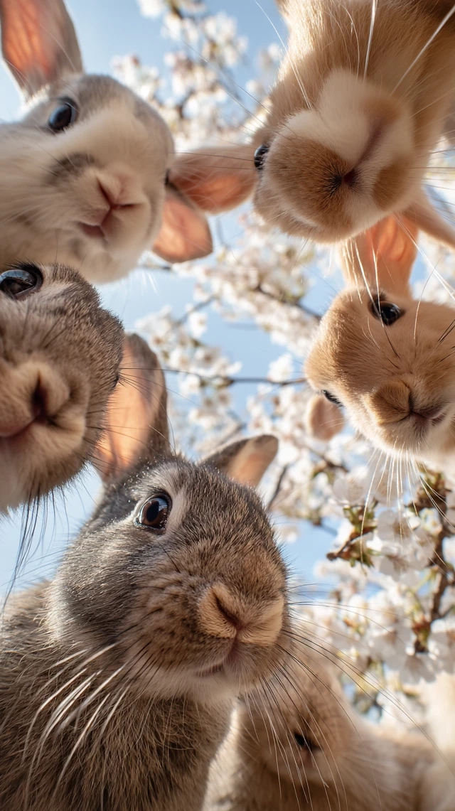 Adorable Rabbits Under Cherry Blossoms