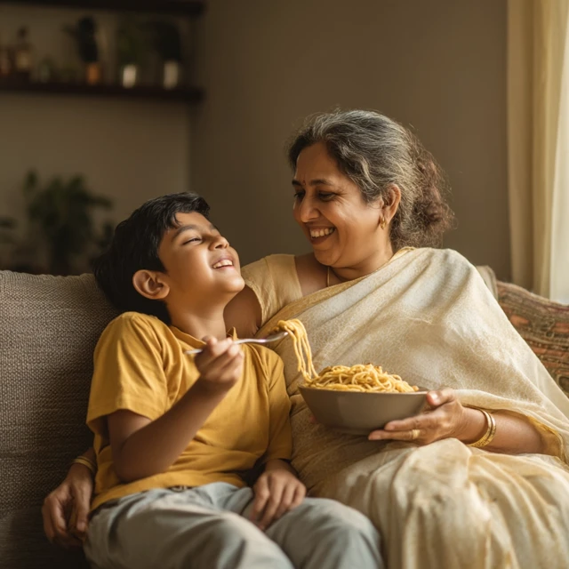 Joyful Family Moment Boy and Grandmother Eating Noodles