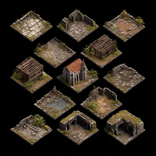 Isometric Tile Map Sprite Sheet Abandoned Town 3D