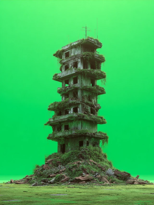 Post Apocalyptic Ruins Building Green Background