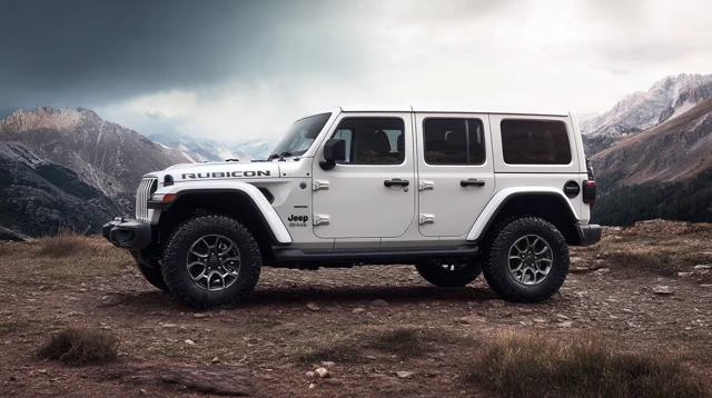 White Jeep Wrangler 2025 Side View Four Door