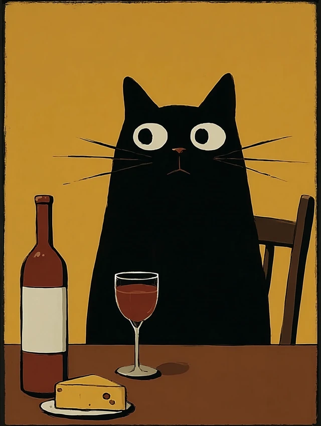 Grumpy Cat with Wine and Cheese Minimalist Illustration