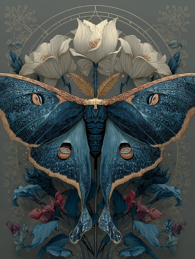 Luna Moth Art Spooky and Beautiful Black Blue Grey