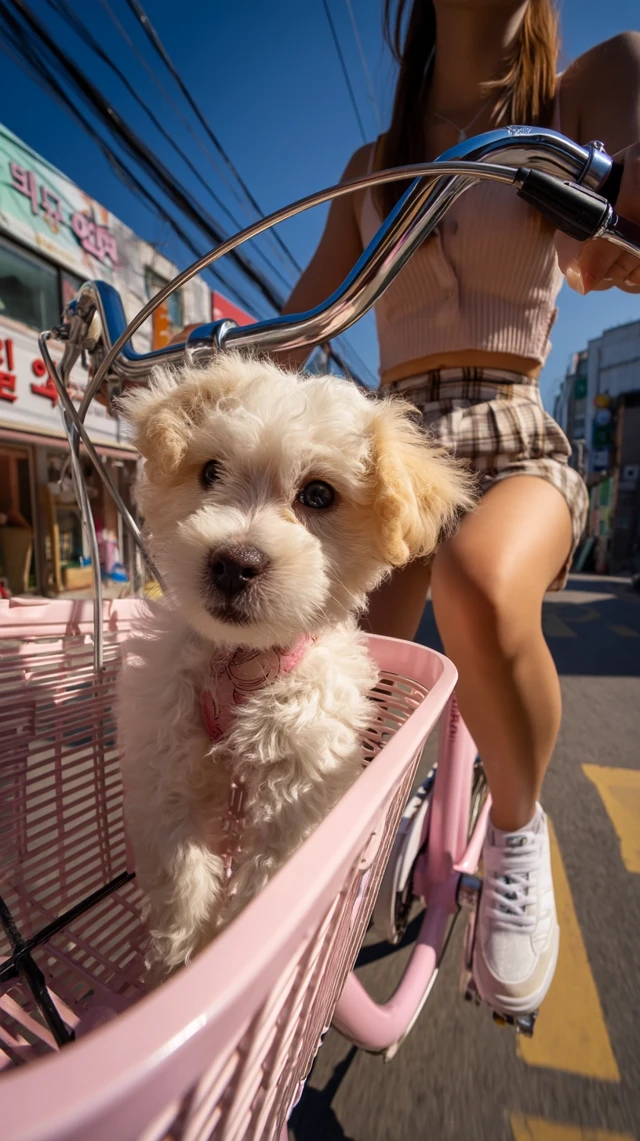 Maltipoo Puppy on a Pink Bicycle Ride in Korea