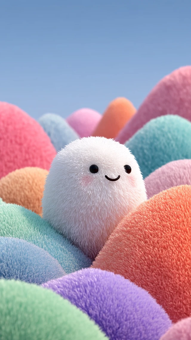 Cute Fluffy Character in Pastel Landscape