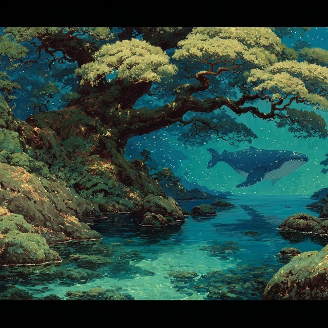 Mystical Tree and Whale Anime Art