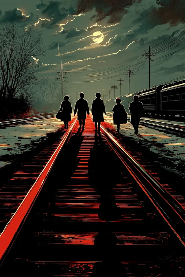 Schoolchildren on Train Tracks at Night Illustration