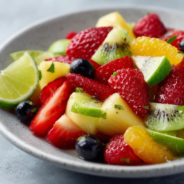 Delicious Fruit Salad with Honey Lime Dressing Photorealistic