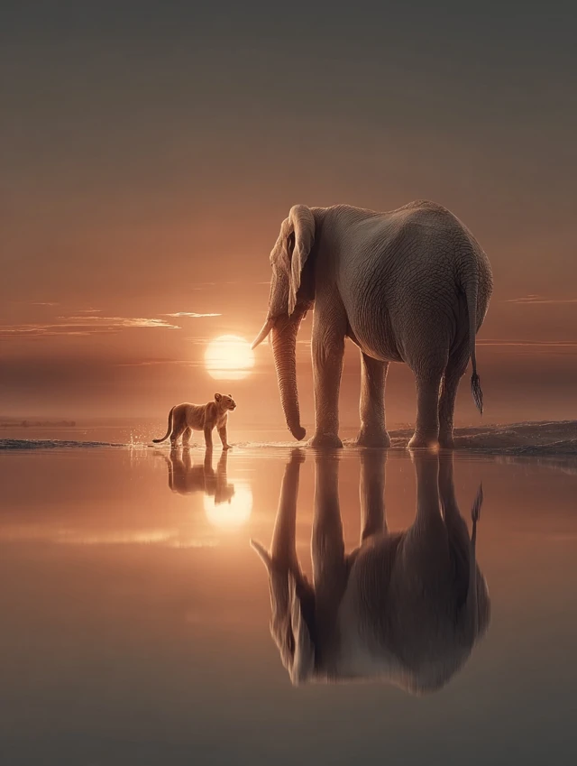 African Sunrise Lion Cub and Elephant
