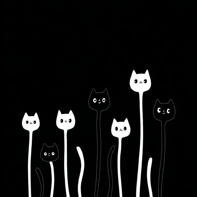 Cute Black Cat Tails White Faces Vector Art