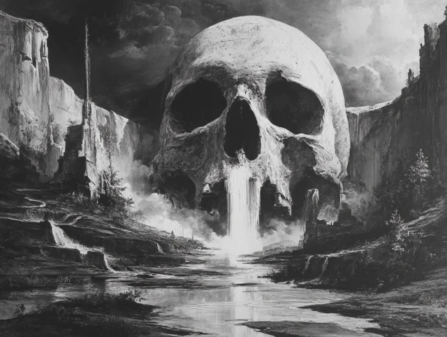 Giant Skull Waterfall Black and White Painting