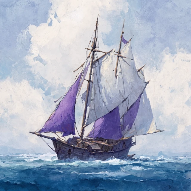 Fantasy Art Sloop at Sea White and Purple Sails