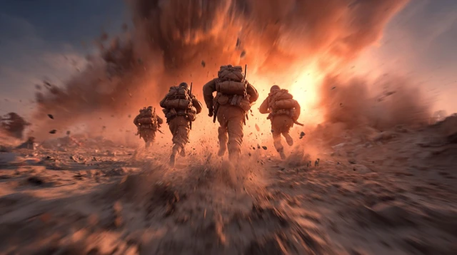WWII Soldiers Charging Battlefield Gritty Realism