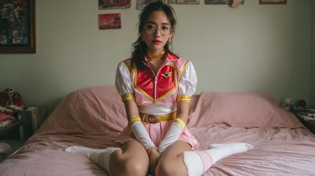 Asian Girl in Pink Ranger Suit on Bed