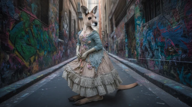 Kangaroo Woman in Vintage Dress Melbourne Alley