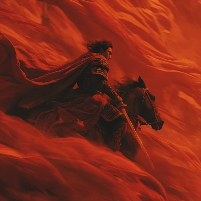 Epic Chinese Hero on Horseback Red Flames