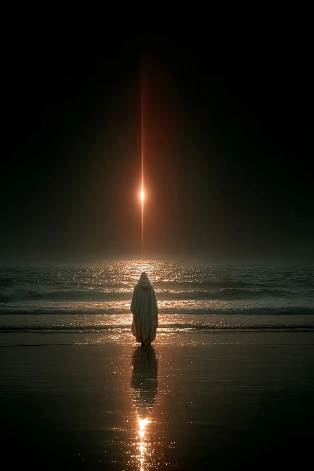 Man Walking on Ocean Under Bright Star