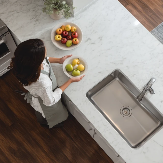 Kitchen Scene Woman Fruits and Stainless Steel Sink