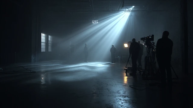 Dark Studio Scene with Camera Crew and Dramatic Lighting