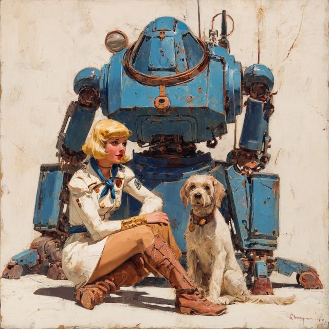 Vintage Pulp Art Woman Robot Dog