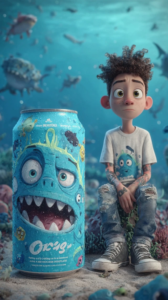 Cartoon Shark Boy and Soda Can in Ocean