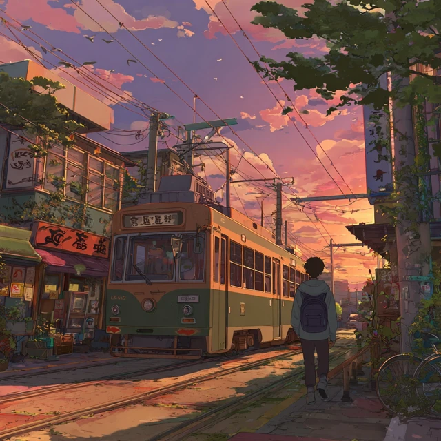 Studio Ghibli Sunset City Scene with Tram