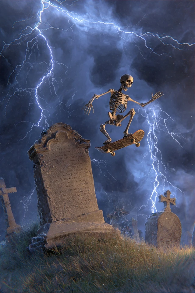 Skeleton Skateboarder Stormy Night