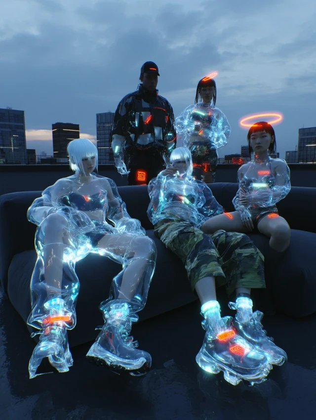 Cyberpunk Rooftop: Futuristic Youth in Neon City
