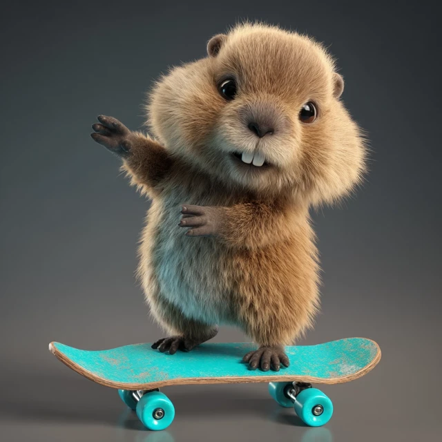 Cute Beaver Riding Skateboard 3D Rendering