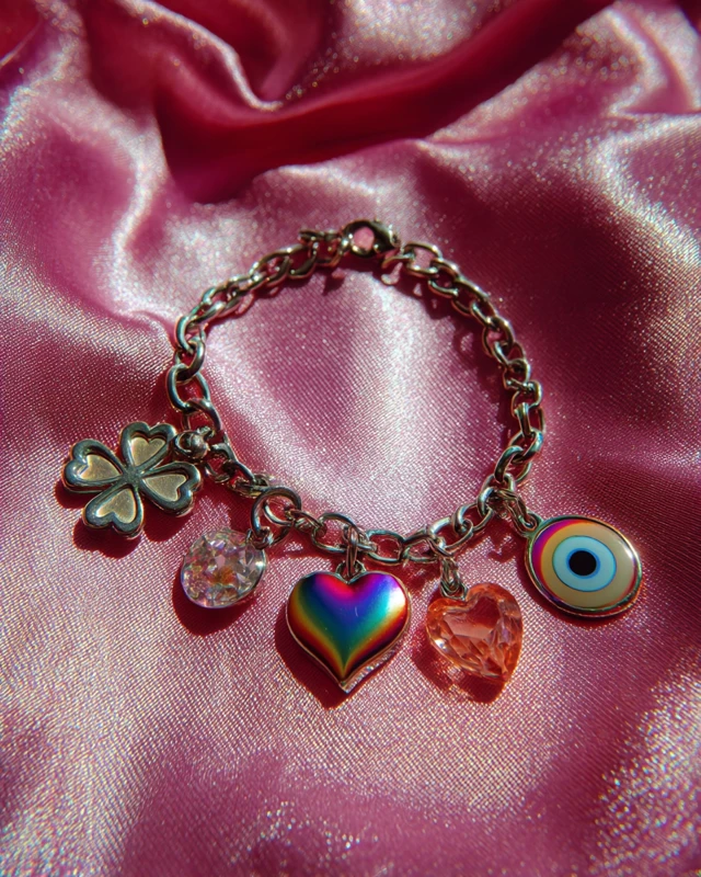 Charm Bracelet on Pink Satin Lucky Charms